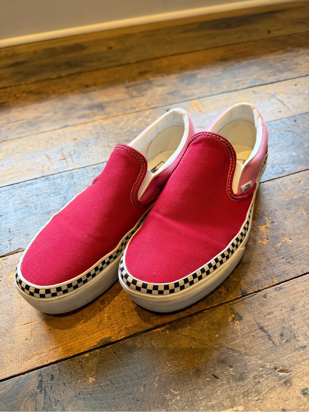 Vans Women’s Slip-On Canvas Sneakers in Red with Pink and Checkerboard Trim